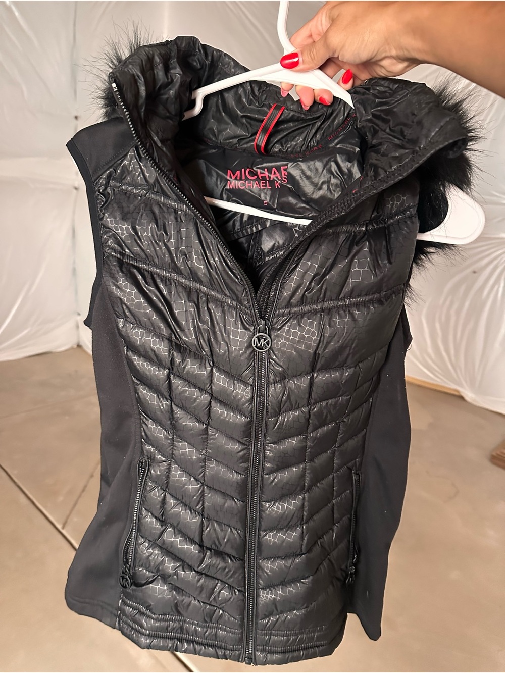 MICHAEL Michael Kors Black Quilted Hooded Vest with Faux Fur Trim